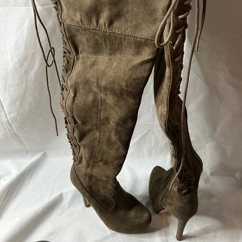 Thigh high taupe boots